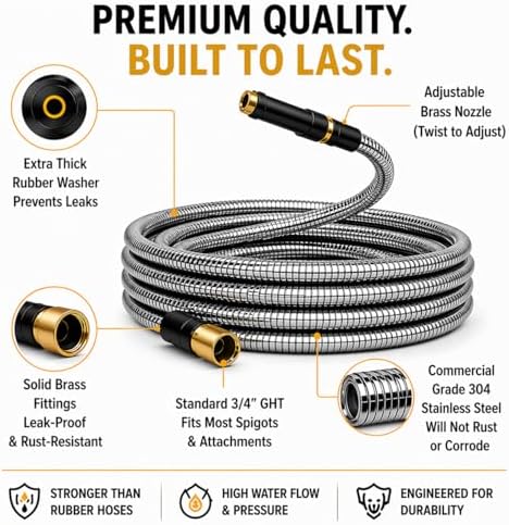 100 FT Metal Garden Hose, Stainless Steel Water Hose, Kink-Free Lightweight Heavy Duty Garden Hose with Brass Fittings & Nozzle, Flexible Non-Expandable Hose - Image 2