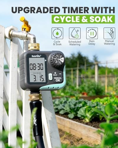 RAINPOINT Sprinkler Timer for Garden Hose - Hose Timer with Cycle & Soak/Rain Delay/Automatic Watering/Manual Watering, Programmable Irrigation System with Large Display for Lawn, Yard, Brass Inlet - Image 2