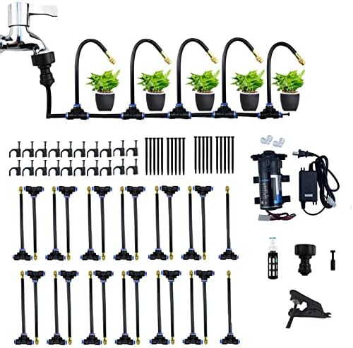 Outdoor Misting Cooling System Kit with 24v Silent Pump & Adjustable Nozzles & Flexible Misting Line & Filter, Patio Misters Mister System Drip Irrigation System for Outsi(Size:18m Tube + 26 nozzles) by Melairy