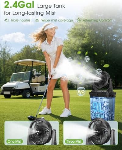 Ausic 2026 Upgraded 10″ 9L Oscillating Portable Misting Fan With Light, [Max 55Hrs] Golf Cart Mister Fan for Outside Patios, Outdoor Rechargeable Battery Operated Water Cool Fan-3 Spray Misters - Image 2
