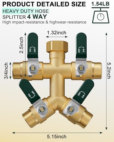 EBH Garden Hose Splitter 4 Way, Heavy Duty Solid Brass Hose Splitter with Shutoff Valves, Water Spigot Splitter With 304 Stainless Steel Handle, Full Flow Outdoor Faucet Splitter, 3/4" GHT Thread - Image 2