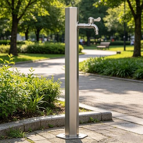 Outdoor Stainless Steel Cylindrical Garden Water Column, Freestanding Hose Stand with Faucet, Vertical Water Dispenser Hydrant for Irrigation and Washing(Slim Height: 86cm/33.9in) by SXBHDM