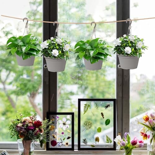4 Pcs Hanging Planters,10" Hanging Pots Plastic Hanging Flower Plant Basket with Drainage Trays & Chain Holder for Outdoor Indoor Plants Garden Balcony Decoration, Light Gray - Image 5