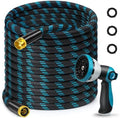 100FT Garden Hose, Non-Expandable Flexible Fabric Water Hose with 10-Function Spray Nozzle, Kink-Free Lightweight Yard Hose with 3/4" Solid Brass Connectors for Lawn, Outdoor, RV & Marine Use by Svansea