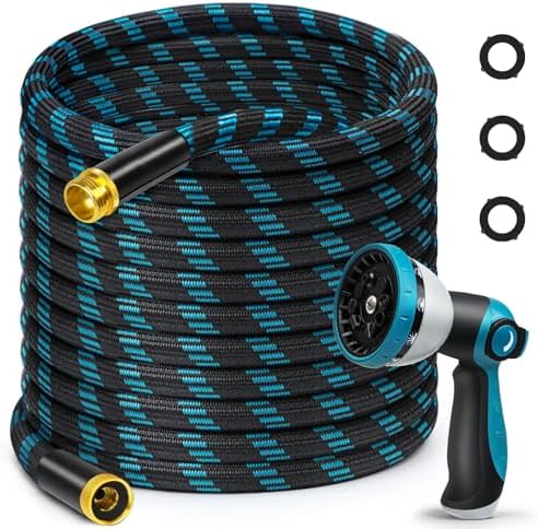 100FT Garden Hose, Non-Expandable Flexible Fabric Water Hose with 10-Function Spray Nozzle, Kink-Free Lightweight Yard Hose with 3/4" Solid Brass Connectors for Lawn, Outdoor, RV & Marine Use by Svansea