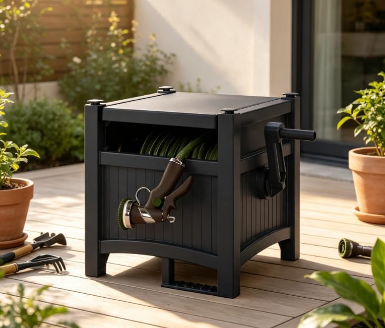 100FT Durable Resin Hose Reel & Hideaway Garden Hose Holder – Wall Mount or Stand, Storage for Garden Hose, Retractable Garden Hose, Keeps Yard Neat by Unknown