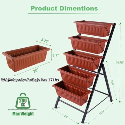 Homdox 5-Tier Elevated Garden Bed- Freestanding Vertical Raised Bed for Gardening, 5 Garden Planter Boxes and 5 Hooks, Perfect to Grow Vegetables Herbs Flowers Indoor(Brick Red) - Image 4