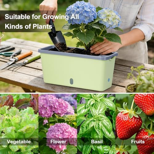 Oliz Window Box Planter 4 Packs, 14 Inches Rectangle Flower Pots with Breathable Drainage Holes, Pots for Vegetables, Herbs, Flowers, Garden Windowsill Balcony (Green & Grey) - Image 6