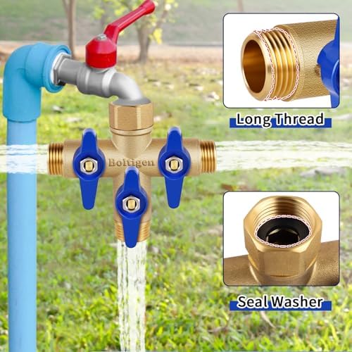 Boltigen 3 Way Garden Hose Splitter with Full Flow Port Heavy Duty Brass Water Hose Splitter 3/4'' GHT "+" Type Hose Connector Fitting Shut off Diverter Control Valve, for Outdoor Faucet Irrigation - Image 2