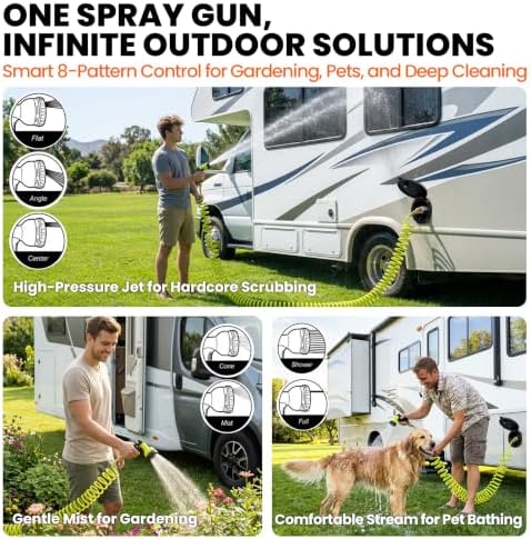 Exterior Sprayer Kit with All-Metal RV Spray Port, 16.4FT Coiled Hose with 8-Pattern Spray Nozzle & Black All-Metal Spray Port, Heavy Duty Marine Washdown Coil Hose System - Image 5
