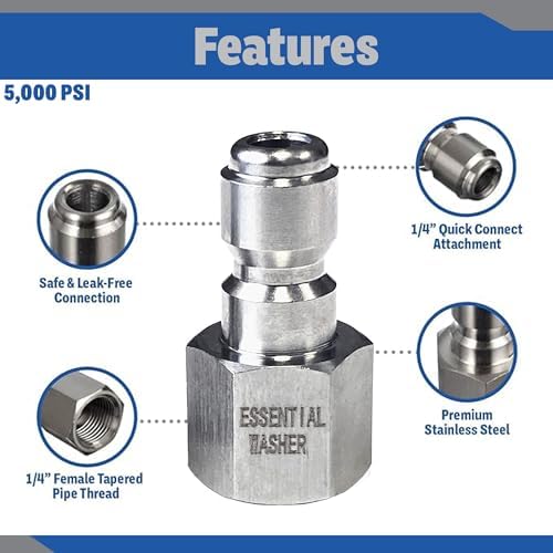 Essential Washer Stainless Steel ¼” Plug Female NPT | Pressure Washer Quick Connect Fittings | 5000 PSI | Set Of 6 - Image 3