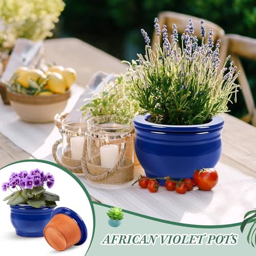 2 Set 6 Inches African Violet Pots Ceramic Self Watering Pots for Indoor Plants with Highly Absorbent Inner for Busy Plant Lovers Flower Maintenance (Blue) - Image 5