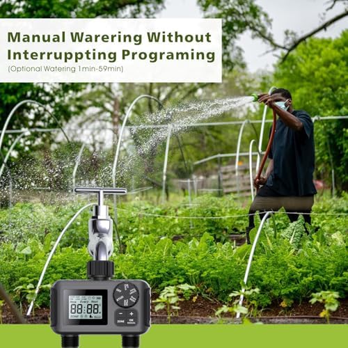 Sprinkler Timer, 2 Zone Smart Sprinkler Timer with Auto/Manual/Rain Delay Modes, Programmable Garden Hose Timers, Water-Saving Irrigation Controller for Lawn Yard Drip Systems (Black) - Image 2