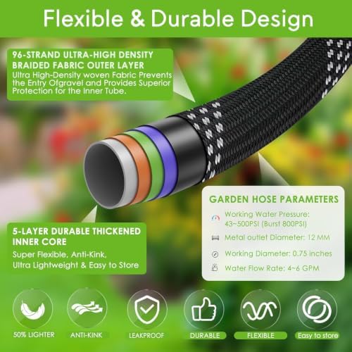 Garden Hose 100 ft, 2026 New No Kink Flexible Water Hose 100ft, 10 Function Nozzle, Leak-proof Solid Metal Fittings, High Density Outer Fabric, Durable Inner PVC Core, Ultra Lightweight & Portable - Image 2