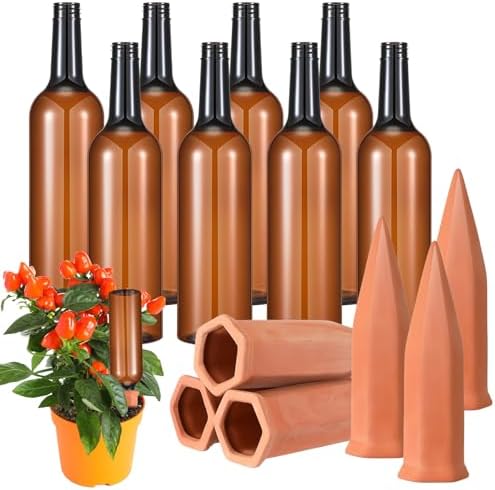 Baderke 16 Pcs 8 Set Plant Watering Devices, Terracotta Watering Spikes with 25 oz Plastic Wine Bottles, Slow Release Vacation Insert Automatic Plant Waterer Device for Indoor Outdoor by Baderke