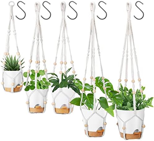 GARDIFE Hanging Planters for Indoor Plants,5Pcs Hanging Basket for Indoor Boho Home Decor,Macrame Plant Hanger,35 Inches,29Inch,23Inch, Ivory,Self Watering Planters, 7/6.5/6/5.5/5 Inch,White&White by GARDIFE