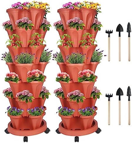 DUNCHATY Stackable Planters 7 Tier Vertical Garden Planting Tower Planters Strawberry, Herb, Flower, and Vegetable Planter Indoor Outdoor Gardening Pots with Removable Wheels and Tools, 2 Set by DUNCHATY