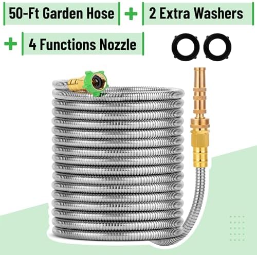 UNCO- Stainless Steel Metal Hose with 4 Function Brass Nozzle, 50 ft, No Kink, Metal Garden Hose - Image 2