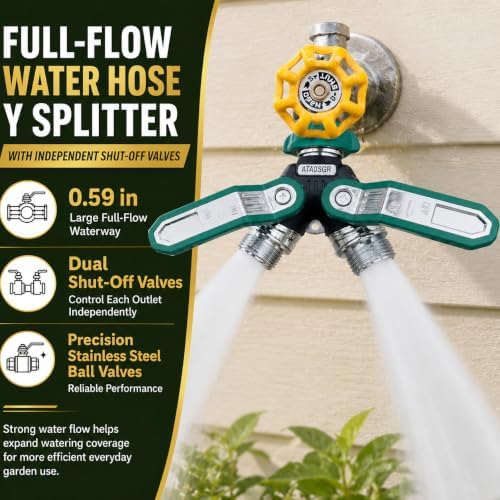 Garden Hose Splitter 2 Way, All-Metal Heavy Duty Water Spigot Splitter,with 3.68" Extra Long Handles, with Dual Shut-Off Valves, High Flow 3/4" GHT Outdoor Faucet Adapter,Green - Image 5