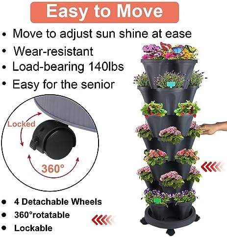 GameXcel Vertical Planter Tower - 7 Tier Stackable Garden Planters with Wheels and Garden Tool Set Plant Pots for Strawberry Herb Flower and Vegetable Indoor Outdoor Use Dark Gray - Image 2