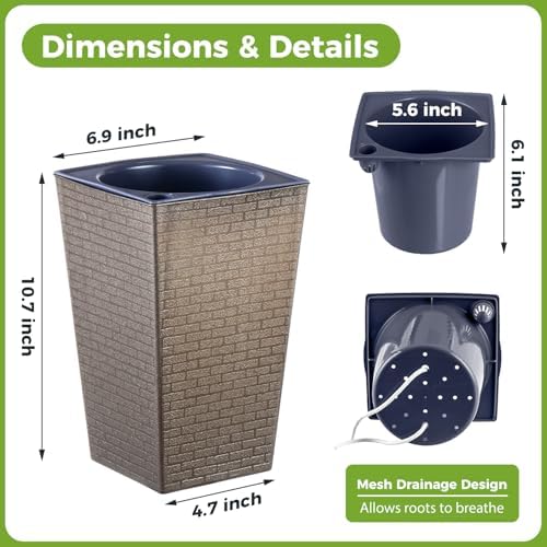 Self Watering Pots for Indoor Plants, 2 Pack Flower Pots Self Watering Planter 10.7" x 6.9" Plastic Pots African Violet Wick and Grow Pots Tall Orchid pots Square Large Plant Pots, Bronze - Image 3