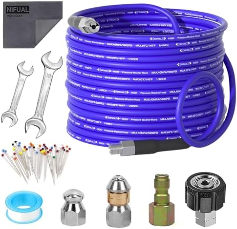 NIFUAL 25FT Sewer Jetter Kit for Pressure Washer, 5800PSI Drain Cleaner Hose 1/4 Inch NPT Corner, Rotating and Button Hose Sewer Jetting Nozzle Waterproof Tape Pearl Corsage Pin Spanner Glove by PressureWasherAccessories
