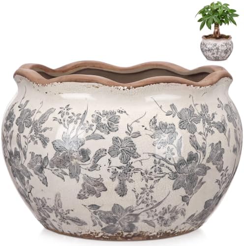 Geetery Ceramic Planter Pot 11 Inch Round Plant Pot, Floral, Grey, Large by Geetery
