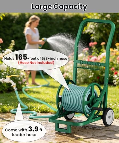Artigarden Garden Hose Reel Cart with Wheels, Outdoor Water Hose Cart Green - Image 3