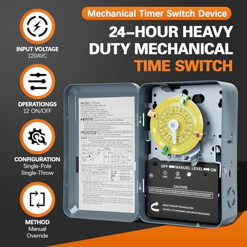 T101 Mechanical Timer Switch,120V 40A SPST,2HP for Outdoor Light Timer, Water Heater, HVAC & Pool Pump – 12 ON/Off Cycles, Switch T101 for Light Lighting Water Heater Fan and HVAC Systems - Image 2