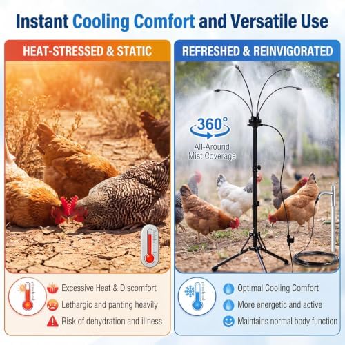 Pickmesh 1 Set Chicken Coop Mister Cooling System, 5.3ft Adjustable Standing Poultry Mister with 26ft Hose, 360° Outdoor Misting System for Chickens, Helps Keep Flocks Cooler During Hot Weather - Image 3
