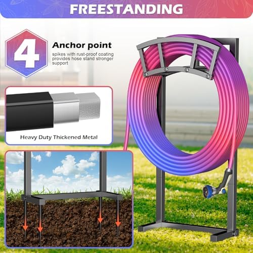 Garden Hose Holder Freestanding, Outdoor Heavy Duty Water Hose Holder Reel with 4 Spikes Holds 150-ft Water Pipe, Detachable Metal Hose Storage Stand Hanger Rack for Outside Yard Lawn Farm, Black - Image 4
