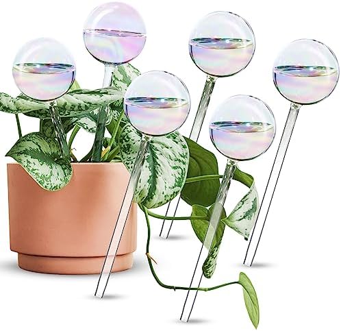 [6 PCS] Light Iridescent Rainbow Gradient Color Clear Glass Self-Watering System Spikes, Automatic Plant Waterer Bulbs by Tomorotec