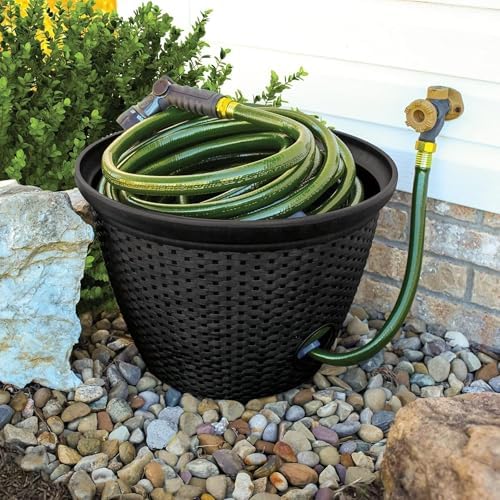 The HC Companies Woven Garden Hose Holder - Lightweight Plastic Decorative Water Hose Holder w/100-Foot Capacity - Garden Hose Pots for Outside (18”, Black, Pack of 1) - Image 3