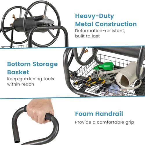 Garden Hose Reel Cart with 4 x 10" Pneumatic Wheels, Heavy-Duty Metal, Holds 300 ft, Crank Handle, Storage Basket - Image 5