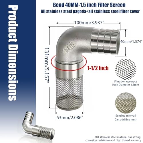 304 Stainless Steel Garden Hose Strainer, 90 Degree Elbow Inlet Filter Screen, Suitable for Water Pumps, Aquariums and Garden Irrigation, Including Hose Clamps and Sealing Tape (40mm 1-1/2inch) - Image 2