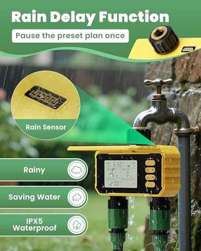 Solar Sprinkler Timer, Water Timer for Garden Hose, Outdoor 2 Zone Hose with Rain Delay/Automatic/Manual Watering System, Digital Programmable Faucet Timing Irrigation for Lawn, Yard(No WiFi) - Image 5