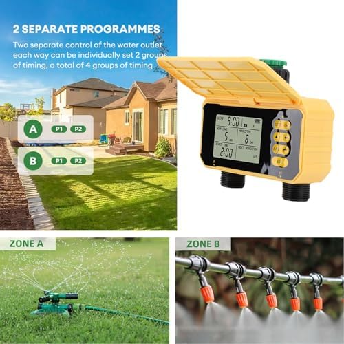 Solar Panel Sprinkler Timer, Double Outlet Smart Water Timer with Rain Sensor, Automatic Watering Valve Irrigation Controller System for Garden Hose Lawns Yard - Image 5