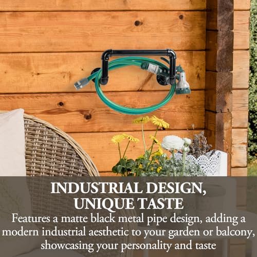 MyGift Wall Mounted Black Metal Garden Hose Holder with Pipe Design - Image 3