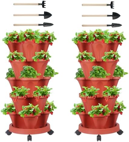 DUNCHATY 5 Tier Plant Pot, Vertical Garden Planter, Strawberry Planter, Indoor/Outdoor Planters, 2 Set, Brick Red, 29 x 13.6 x 13.6 inches by DUNCHATY