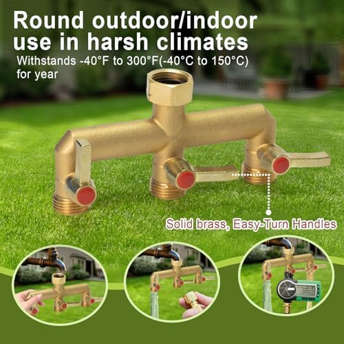 Brass Garden Hose Splitter 2/3/4 Way, Hose Splitter with Metal Shutoff Valve, Heavy Duty Outdoor Faucet and Garden Connector, Brass Extension Handle, 3/4” GHT Threads - Image 4
