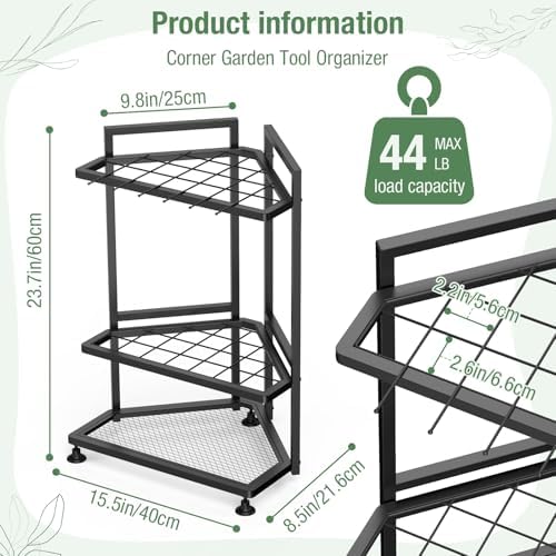 Garden Tool Organizer for Corner,Metal Yard Tool Organizer for Long-Handled Tools/Rakes/Brooms,Side Garden Pocket,Heavy Duty Steel Yard Tool Storage Rack for Garage,Shed, Outdoor - Image 2