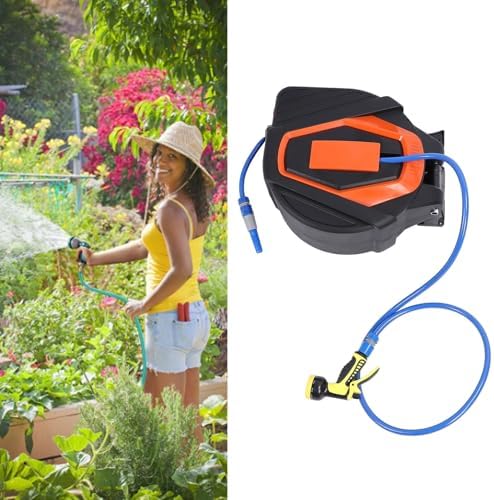 Wall Mounted Water Hose Reel, Retractable Garden Hose Reel with 10 Pattern Nozzles, 1/2 Inch ID Automatic Rewind Hose Reel with 180° Swivel Bracket and Adjustable Length Lock for - Image 2