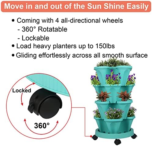 GameXcel Vertical Planter Tower - 4 Tier Stackable Garden Planters with Wheels and Tools Plant Pots for Strawberry Herb Flower and Vegetable Indoor Outdoor Use Teal 2 Pack - Image 6