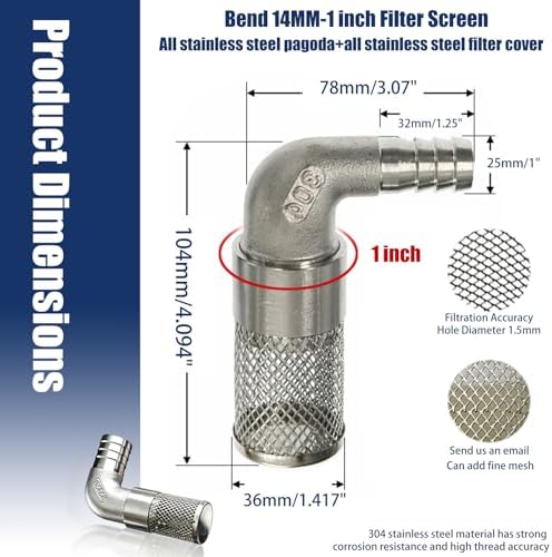 304 Stainless Steel Garden Hose Strainer, 90 Degree Elbow Inlet Filter Screen, Suitable for Water Pumps, Aquariums and Garden Irrigation, Including Hose Clamps and Sealing Tape (25mm 1inch) - Image 2
