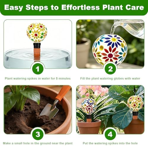 2 PCS Mosaic Plant Watering Globes with Terracotta Watering Spikes, 17oz Glass Self Watering Globes for Indoor & Outdoor Potted Plants, Decorative Water Drippers, Hand Blown Art Glass - Image 3