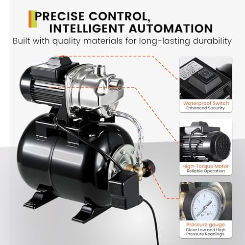 1HP Stainless Steel Water Transfer Pump with Well Pressure Tank – Shallow Well Pump & Irrigation Pump Combo, 130ft Max Lift, 20ft Suction Lift, Automatic Pressure Switch for Farm Use - Image 2