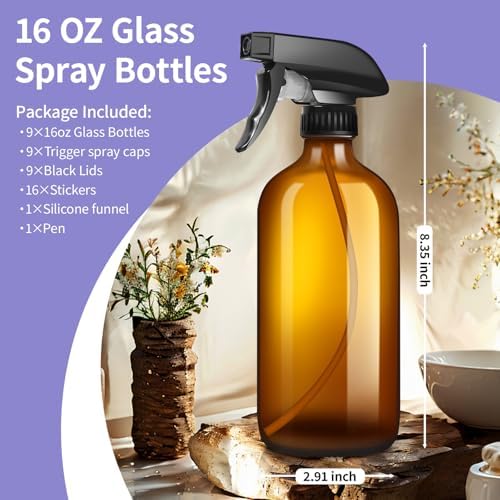 sietpoek 9 Pack Glass Spray Bottle 16oz, Empty Amber Spray Bottle Refillable Container for Essential Oils,Cleaning Products,Aromatherapy spray device - Image 2