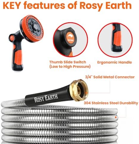 Rosy Earth Metal Garden Hose 75ft, Lightweight Steel Water Hose with 8-Mode Wide Nozzle - Image 2