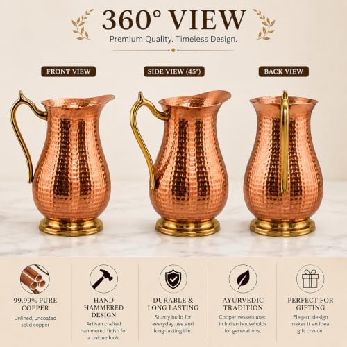 99.9% Pure Copper Water Jug 51 Oz, Hammered Copper Pitcher with Brass Handle & Brass Base, No Inner Lining, No Coating, No Lacquer, Copper Carafe for Water & Cold Beverages - Image 4