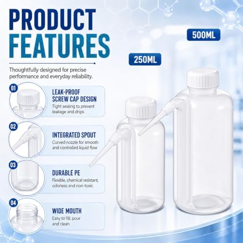 10 Pack 250ml+500ml Squeeze Wash Bottles PE Plastic Lab Wash Bottle with Down Spout Translucent Wide Mouth Lab Dispensing Bottles for Liquid Washing Tattoo Cleaning Plant Watering - Image 3